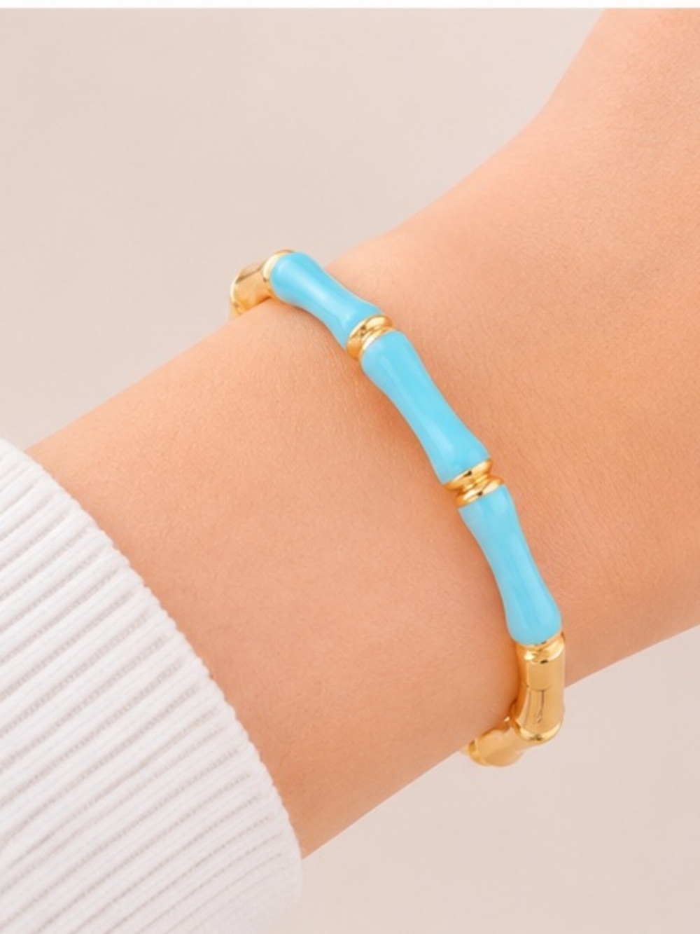 Turquoise Blue Bamboo Inspired Bangle Bracelet Gold Tone